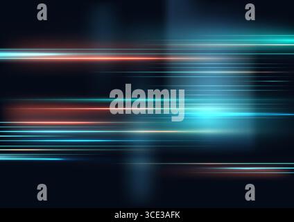 futuristic technology abstract background featuring blurred glowing orange and cyan horizontal light lines creating speed motion effect cyber glow sci Stock Vector