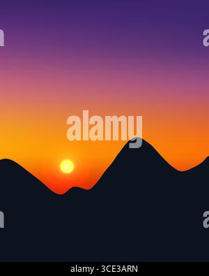 minimal sunset landscape shows rolling mountains in silhouette beneath a glowing purple and orange gradient sky at dusk background vibrant, tranquil a Stock Vector