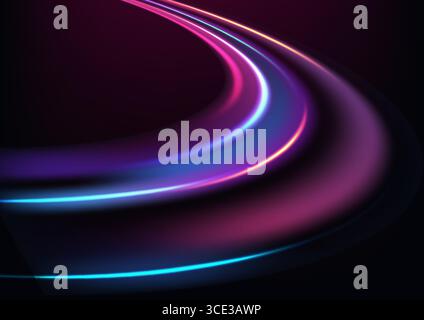 Abstract neon light curves in glowing pink, purple, and blue streaks flow across a dark backdrop, blending technology and art in a vibrant, futuristic Stock Vector