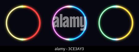 set of three glowing neon circles against a dark background, creating a luminous abstract scene with vibrant colors, futuristic technology vibes, and Stock Vector