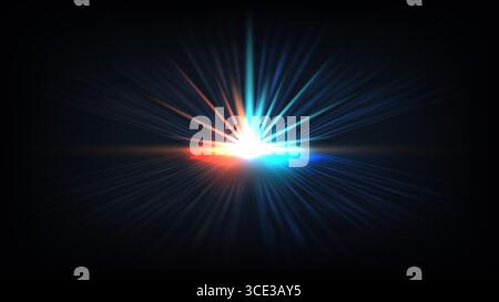 futuristic cosmic light scene with a central bright flare, red and blue rays extending into dark space, evoking energy, motion, and digital innovation Stock Vector