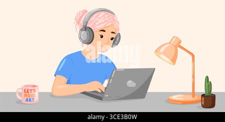 A charming concept illustration of a young woman with pink hair wearing headphones and working on her laptop at a cozy desk. The scene includes a lamp Stock Vector