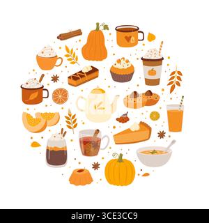 Set of pumpkin spice seasonal products, coffee, pumpkins, latte, pie, cake, soup, smoothie vector illustration. Autumn food and hot drinks round compo Stock Vector
