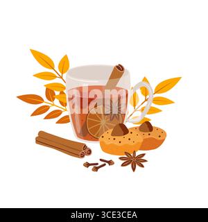 Cozy autumn herbal tea or mulled wine with berries, lemon and spices on white background. Hand drawn hot drink and pie vector illustration. Stock Vector