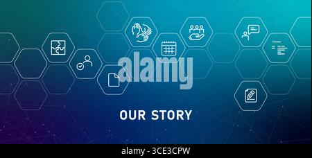 Our story web header with business and narrative related outline icons for corporate history pages team timelines or mission and vision statements Stock Vector