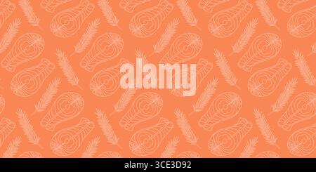 Hand Drawn Outline Salmon Steak and Rosemary twigs Seamless pattern Light on Bright Salmon Backdrop. Isolated Vector illustration Food Themed Cards or Healthy Eating Background Recipe Menu, leaflets Stock Vector
