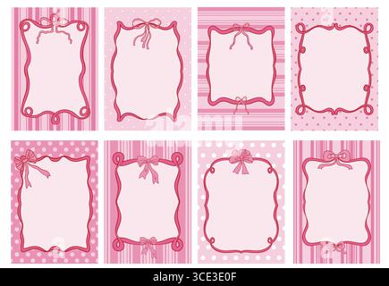 Set of coquette pink posters with delicate patterns, ribbon frames, bows and soft pastel accents in charming hand drawn style, perfect for feminine an Stock Vector