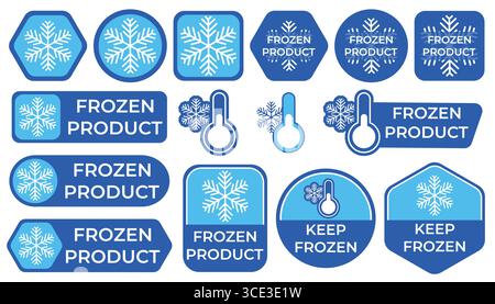 Collection of stickers for packaging frozen food, featuring snowflake icons and text frozen product, designed in clean flat style for labels, branding Stock Vector