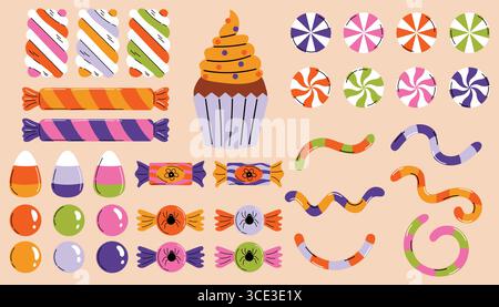 Colorful Halloween candy set featuring lollipops, marshmallows, gummy worms, candy corn and muffin in charming flat cartoon style on beige background. Stock Vector