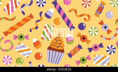 Colorful Halloween seamless pattern with candy, lollipops, marshmallows, gummy worms, candy corns and muffin in playful cartoon flat style on a light Stock Vector