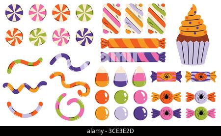 Bright Halloween candy mix with lollipops, marshmallows, gummy worms, candy corn, and muffin in playful cartoon flat style, perfect for festive design Stock Vector