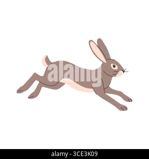 Flat illustration of a running rabbit in motion, shown in side view. Features long ears, brown fur with a light underbelly, and dynamic pose. Ideal Stock Vector