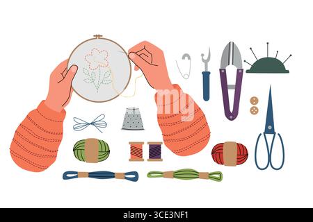 Flat illustration of embroidery tools and hands stitching a flower design in a hoop. Includes thread, scissors, thimble, seam ripper, and pincushion Stock Vector