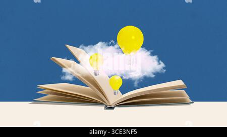 Creative collage. Open book releasing glowing yellow light bulbs from fluffy cloud on blue background Stock Photo