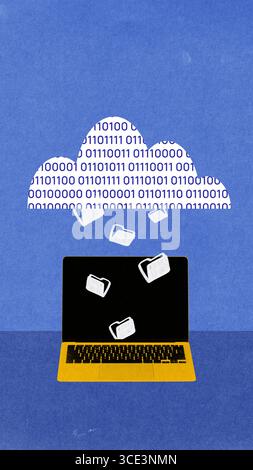 Colorful collage. Binary cloud with file icons above yellow laptop on blue background Stock Photo