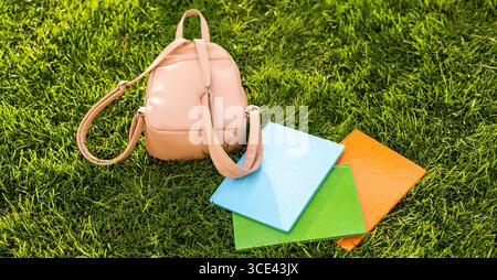 Backpack with colorful school stationery and digital tablet on green Stock Photo
