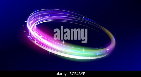 Glowing blue neon ring with swirling light lines and sparkling particle trails. Dynamic circular vortex with magic energy motion for futuristic space Stock Vector