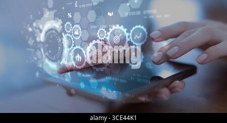 Digital Workflow and Automation System with Virtual Interface on Tablet Touchscreen. Stock Photo