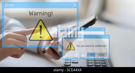 Security Warning Notifications Displayed on Digital Interface with Risk Alert Symbols. Stock Photo