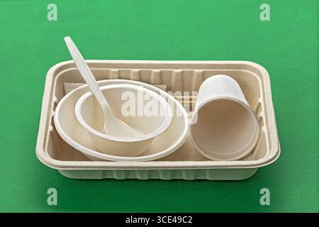 A biodegradable disposable dishes including bowls, cup, and cutlery on green background, showcasing eco friendly tableware options Stock Photo