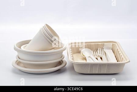 A biodegradable plates, cups, and cutlery set displayed on white background, showcasing eco friendly disposable tableware. ideal for sustainable Stock Photo