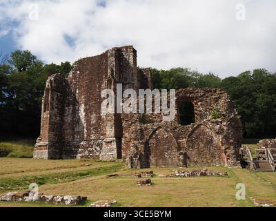 A detailed close-up of the highly decorative, carved sandstone arches and Gothic architecture at Furness Abbey Stock Photo