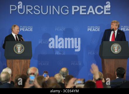 Anchorage, USA. 15th Aug, 2025. U.S. President Donald Trump (R) and Russian President Vladimir Putin attend a joint press conference after concluding their talks in Anchorage, Alaska, the United States, on Aug. 15, 2025. Credit: Wu Xiaoling/Xinhua/Alamy Live News Stock Photo