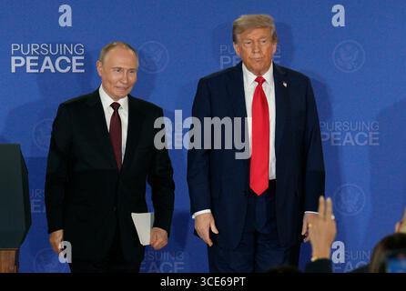 Anchorage, United States. 15th Aug, 2025. Russian President Vladimir Putin and President Donald Trump prepare to depart after a joint press conference at Joint Base Elmendorf-Richardson in Anchorage, Alaska, on Friday, August 15, 2025. Trump and Putin discussed a ceasefire deal to help end the two-year conflict between Russia and Ukraine. Photo by Bob Strong/UPI Credit: UPI/Alamy Live News Stock Photo