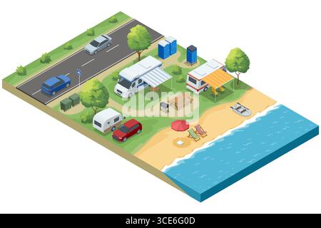 Isometric illustration of a seaside camping area with RVs, caravans, cars, beach chairs, umbrellas, and portable toilets. Summer vacation and travel Stock Vector
