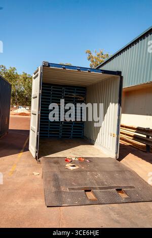 container stacked empty pallets forklift ramp recycling zero waste weipa cape york queensland australia Stock Photo