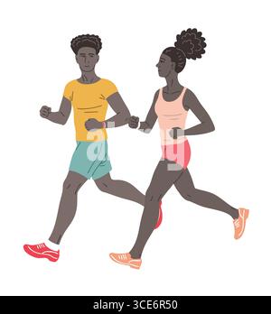 Flat vector illustration of a young African American couple in shorts jogging outdoors. Sport, running, and active lifestyle. Isolated on white backgr Stock Vector