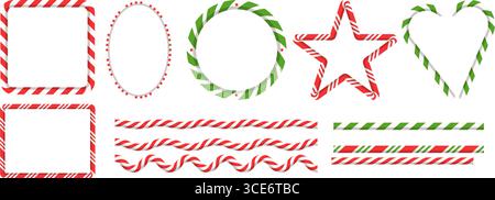 Holiday candy cane shape frames. Rectangle, circle, star, and heart borders in striped red and green lollipop style Stock Vector