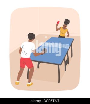 Flat vector illustration of a young African American couple playing table tennis. Sport, leisure, and active lifestyle. Isolated on white background Stock Vector