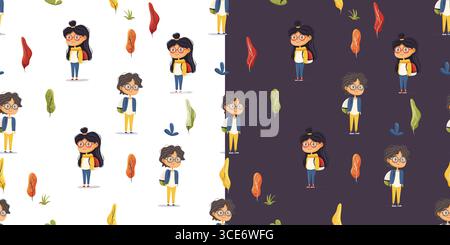 Double seamless pattern with school kids, Back to School Stock Vector