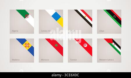 Corner slanted ribbon flags of Algeria, Canary Islands, Egypt, Libya, Madeira, Morocco, Tunisia and Western Sahara Stock Vector