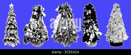 Halftone vintage christmas trees collage. Merry Christmas and Happy New Year. Set of vectors cut out holiday elements Stock Vector