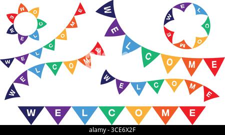 Colorful welcome bunting flags and garlands set in flat vector design Stock Vector
