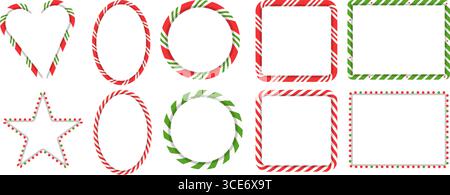 Candy cane twisted border collection. Rectangle, circle, star, and heart frames in red and green lollipop style. Striped design for xmas decor Stock Vector