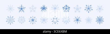 Set of hand drawn whimsical crayon blue and silver snowflakes. Doodle drawing. Merry Christmas and Happy New Year winter design elements. Snow flake p Stock Vector