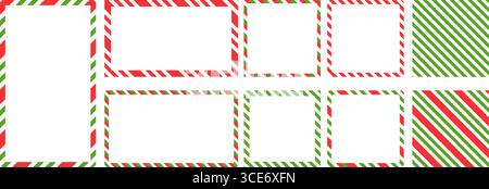 Christmas candy cane frame set. Red and green striped borders. Rectangle and square borders in red and green lollipop style Stock Vector