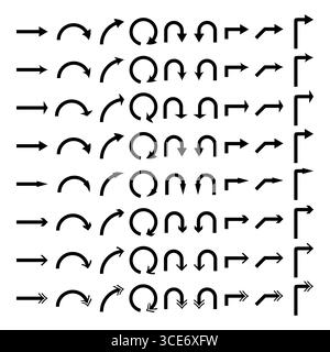 Set of Bold Directional Arrow Icons Vector. Directional arrow icons in various shapes and styles. Each arrow is designed with clean, thick lines. Stock Vector