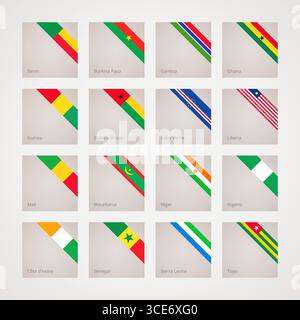Corner slanted ribbon flags of Benin, Ghana, Guinea, Cabo Verde, Liberia, Mali, Niger, Nigeria, Côte d'Ivoire, Senegal, ... Stock Vector