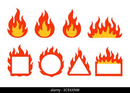 Fire flame, fireball campfire heat isolated icons set. Burning flame warning abstract design orange red background Stock Vector
