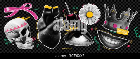 Halftone collage set with retro pop art elements. Skull, bow, human heart, cherry, chamomile, eye, crown and mouth with dotted texture. Punk design el Stock Vector