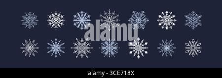 Blue, white, silver snowflakes on black background. New Year and Merry Christmas luxury design elements. Sparkle festive vector illustration. Winter h Stock Vector