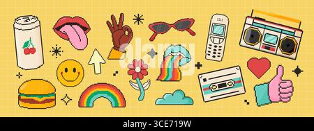 8 bit retro y2k elements icon set. Pixel art object. Retro 80s,90s video game graphics. Soda, lips, arrow, gesture, glasses, telephone Stock Vector