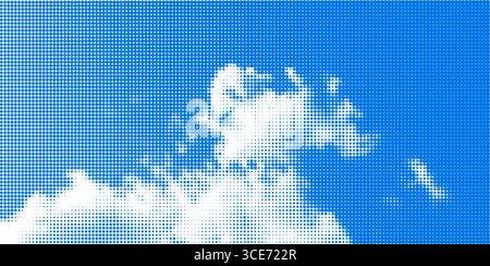 Halftone clouds on gradient sky. Retro dotted texture. Vintage pop art style. Stock Vector
