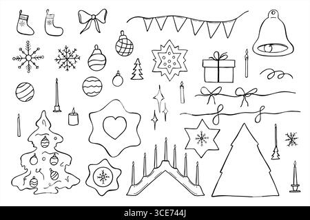 Monochrome vector doodle set of Christmas elements painted by black inks. Baubles, stars, socks, wooden tree, garland, gifts for Scandinavian Xmas Stock Vector