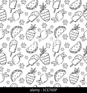 Doodle seamless pattern with summer fruits. Vector design. Stock Vector