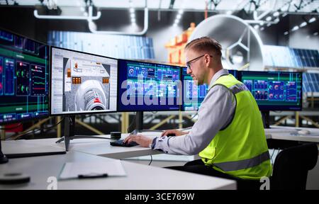 Man Designing Satellite Model On Computer Screen With Solar Panels. Engineers Developing Rocket For Aerospace Industry Stock Photo